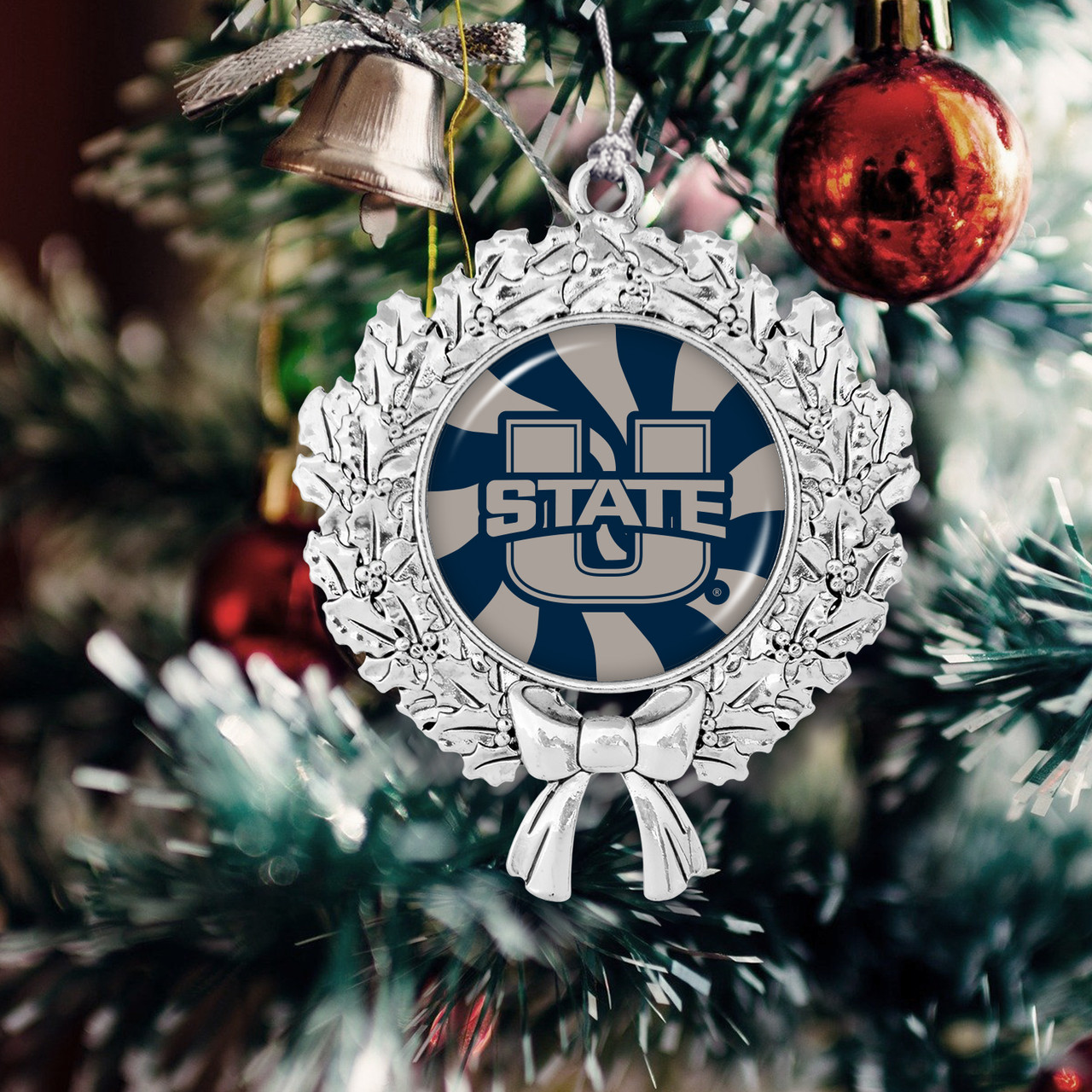 Utah State Aggies Christmas Ornament- Peppermint Wreath with Team Logo