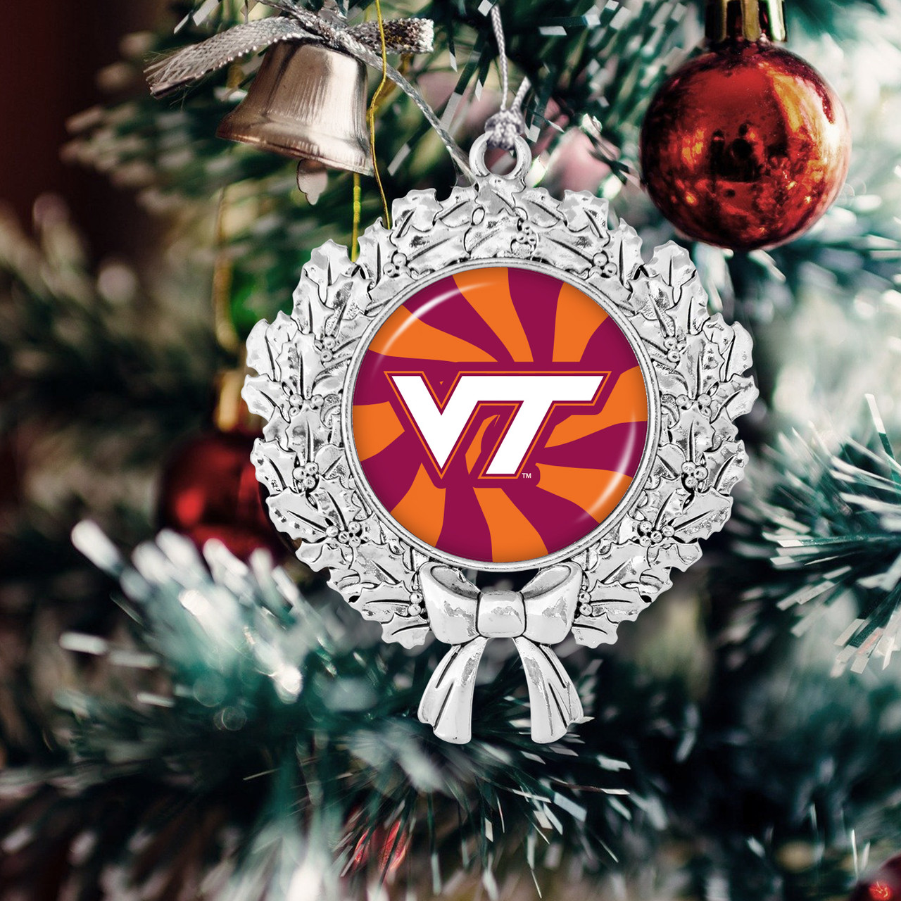 Virginia Tech Hokies Christmas Ornament- Peppermint Wreath with Team Logo