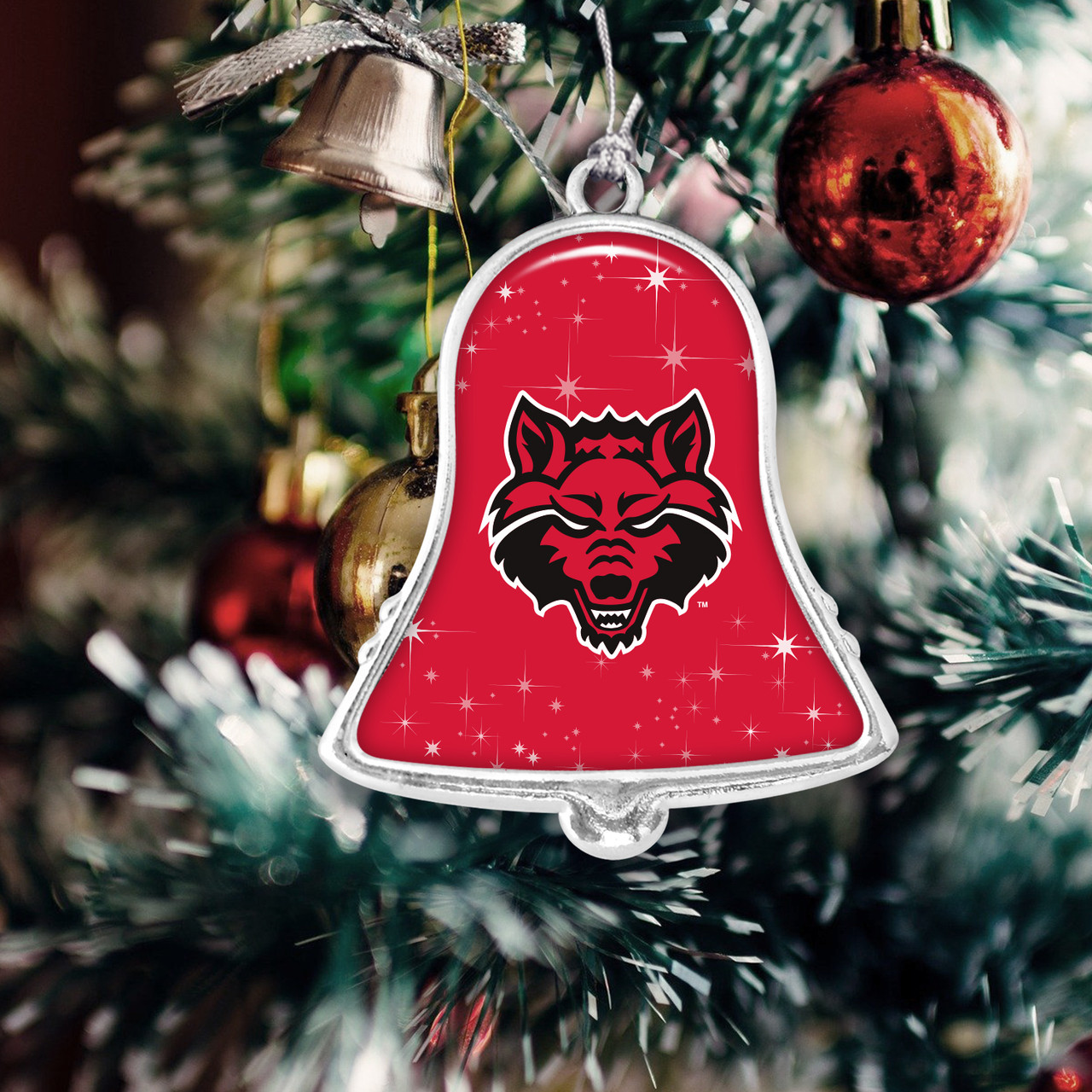 Arkansas State Red Wolves Christmas Ornament- Bell with Team Logo and Stars