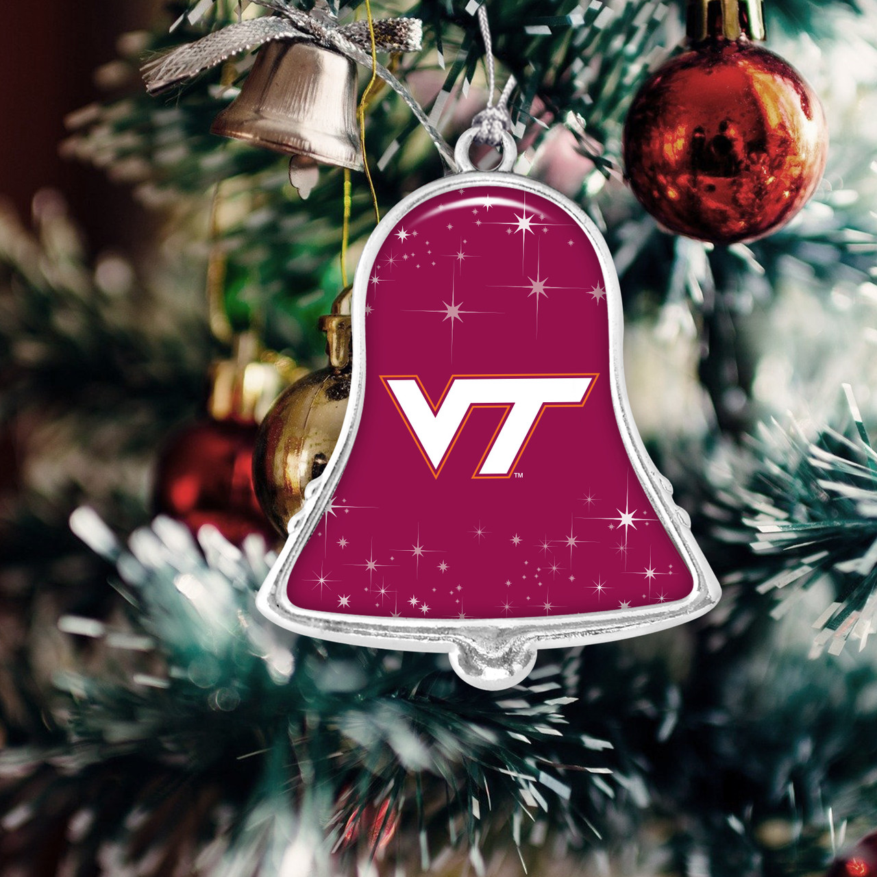 Virginia Tech Hokies Christmas Ornament- Bell with Team Logo and Stars