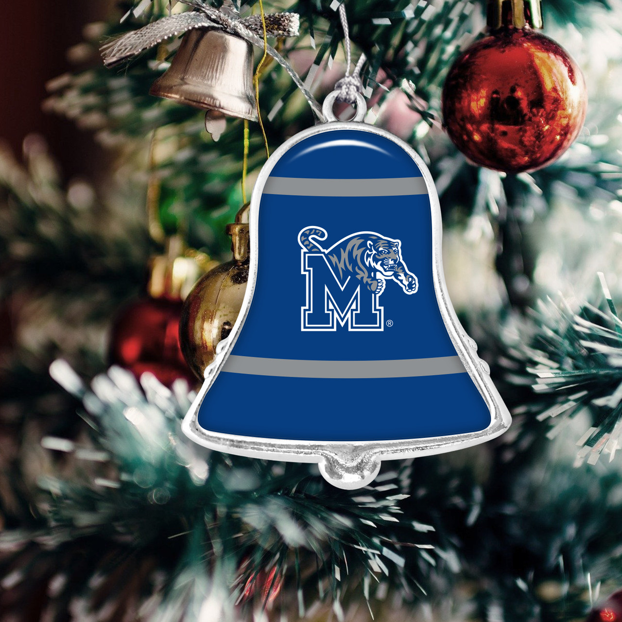 Memphis Tigers Christmas Ornament- Bell with Team Logo Stripes