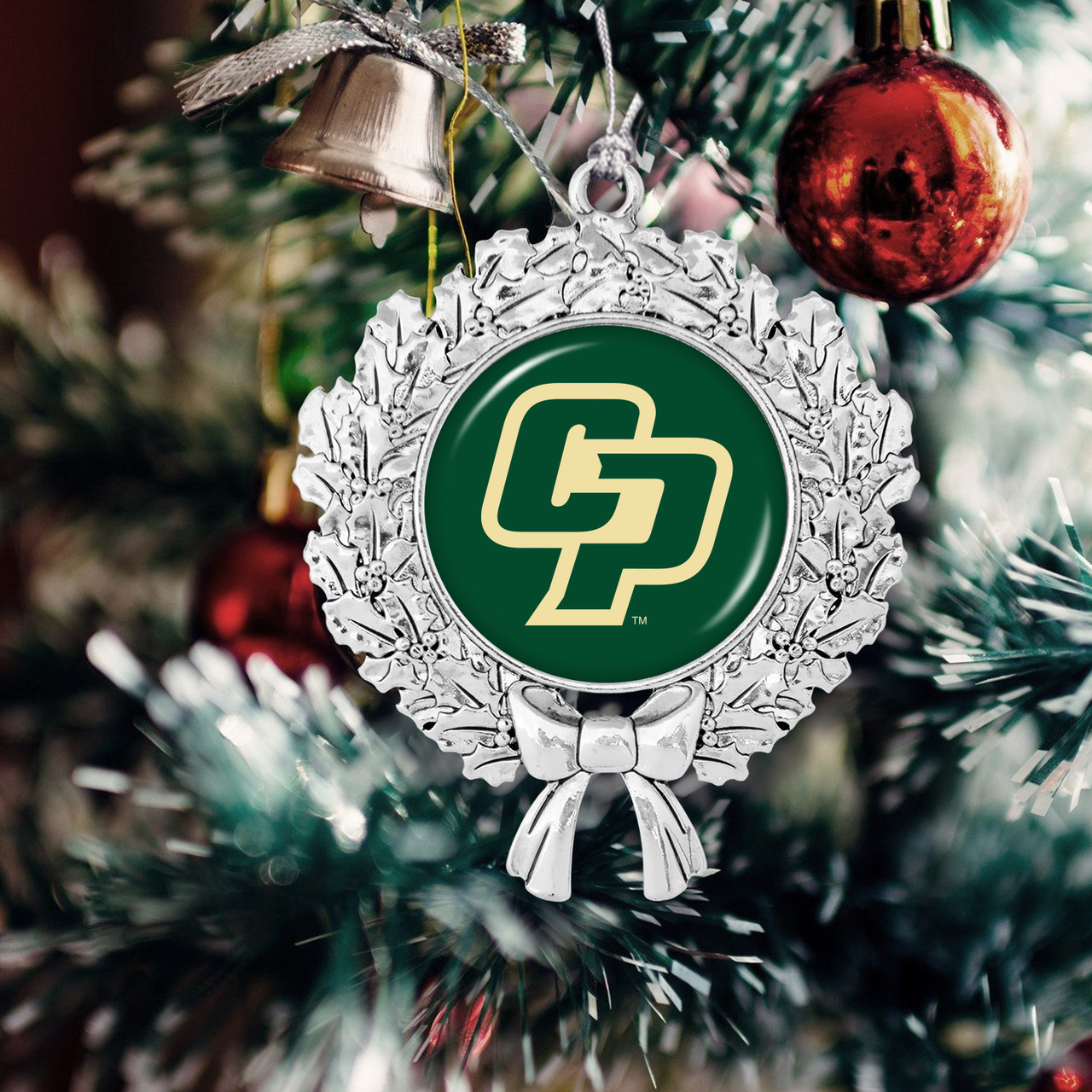 Cal Poly Mustangs Christmas Ornament- Wreath with Team Logo