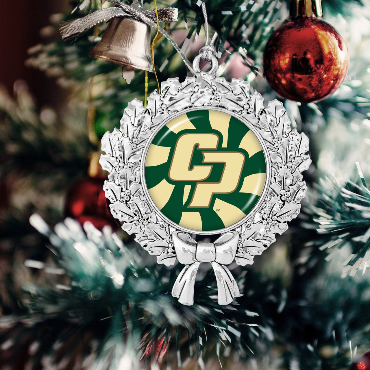 Cal Poly Mustangs Christmas Ornament- Peppermint Wreath with Team Logo