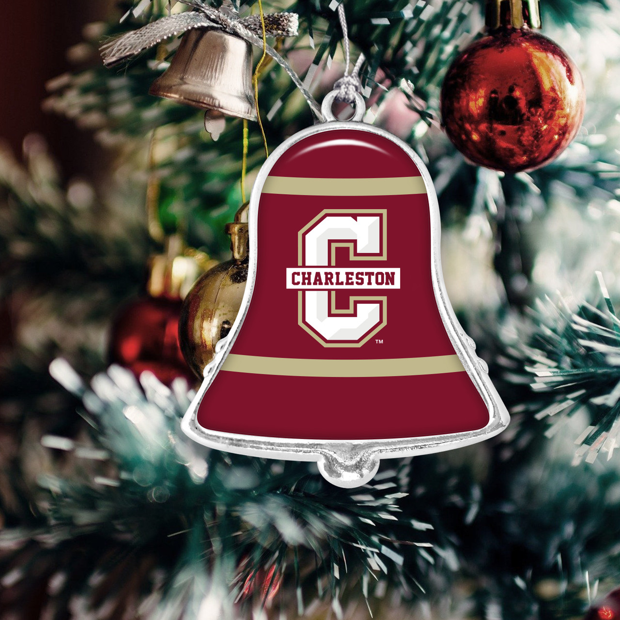 Charleston Cougars Christmas Ornament- Bell with Team Logo Stripes