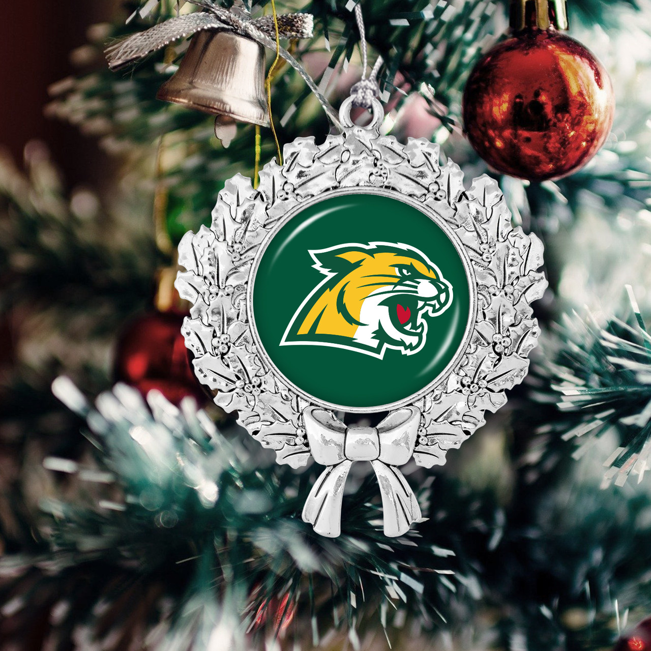 Northern Michigan Wildcats Christmas Ornament- Wreath with Team Logo