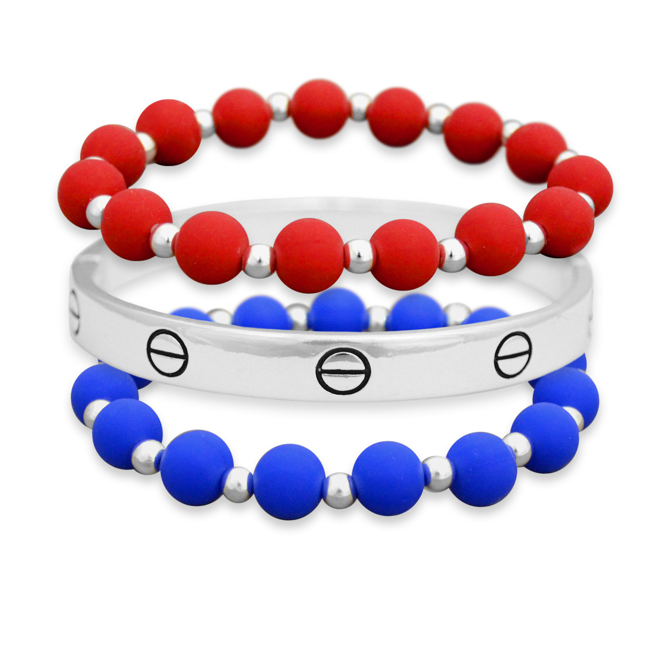 Zoey Silicone and Silver Bangle Patriotic Bracelet Stack