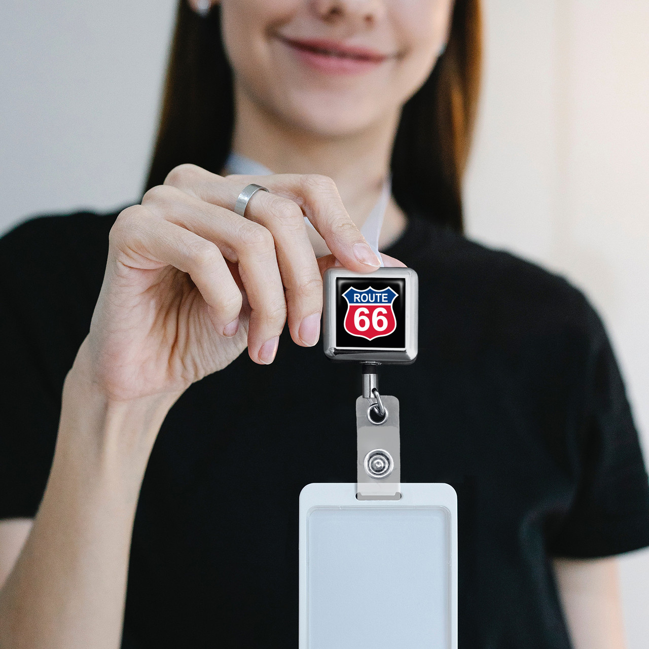 Route 66 Square Badge Reel - Belt Clip