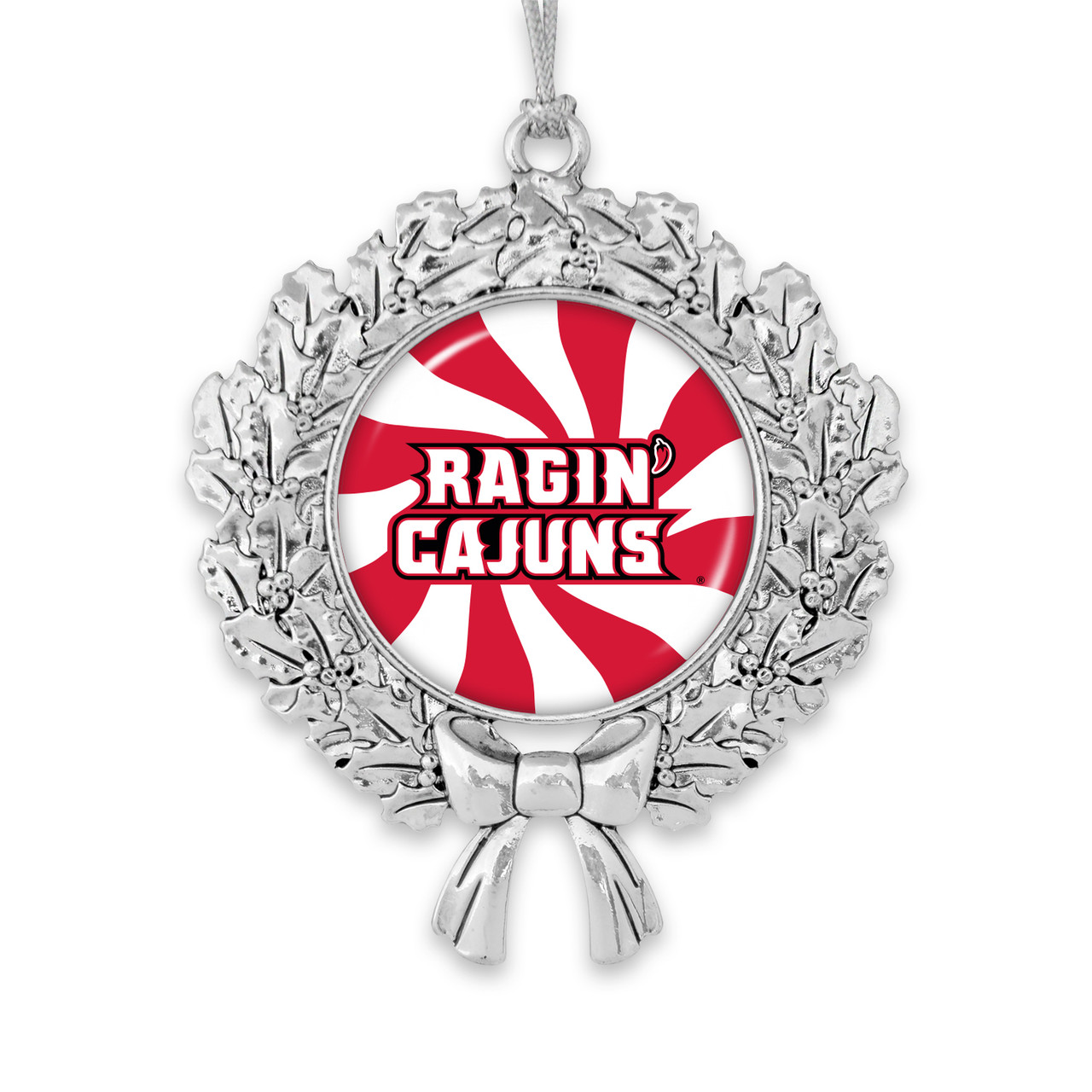 Louisiana Lafayette Ragin' Cajuns Christmas Ornament- Peppermint Wreath with Team Logo