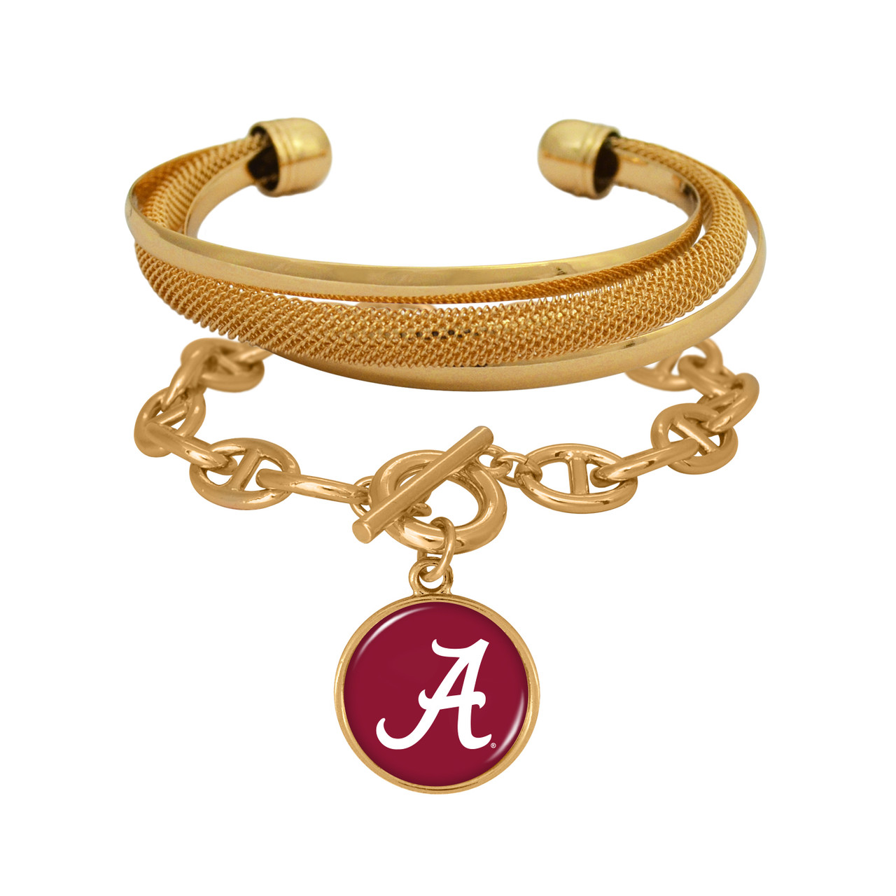 Alabama Crimson Tide Gold Mesh and Link Bracelet Stack