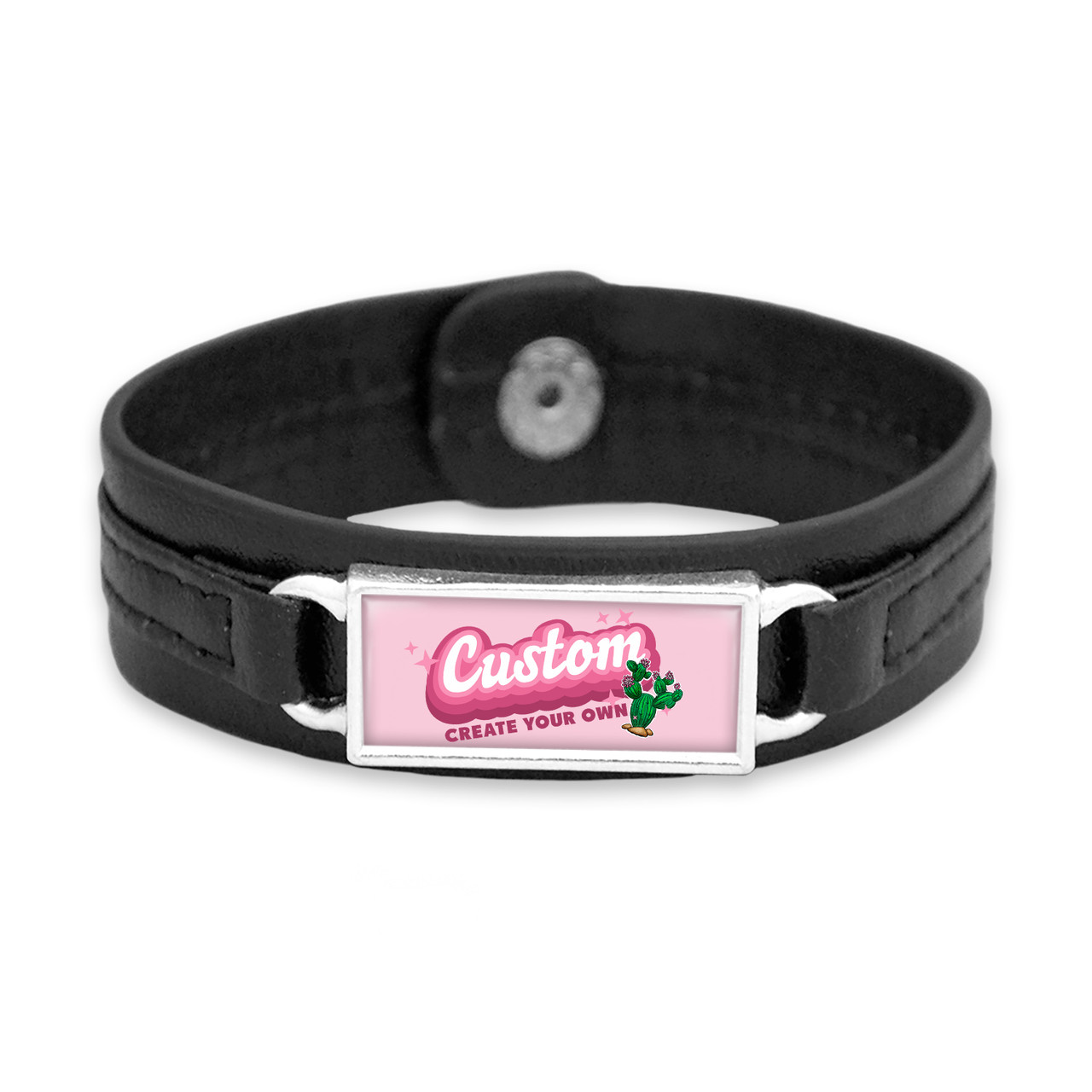 Black Leather Nameplate with Tile Background Custom, Souvenir, or Logo Bracelet