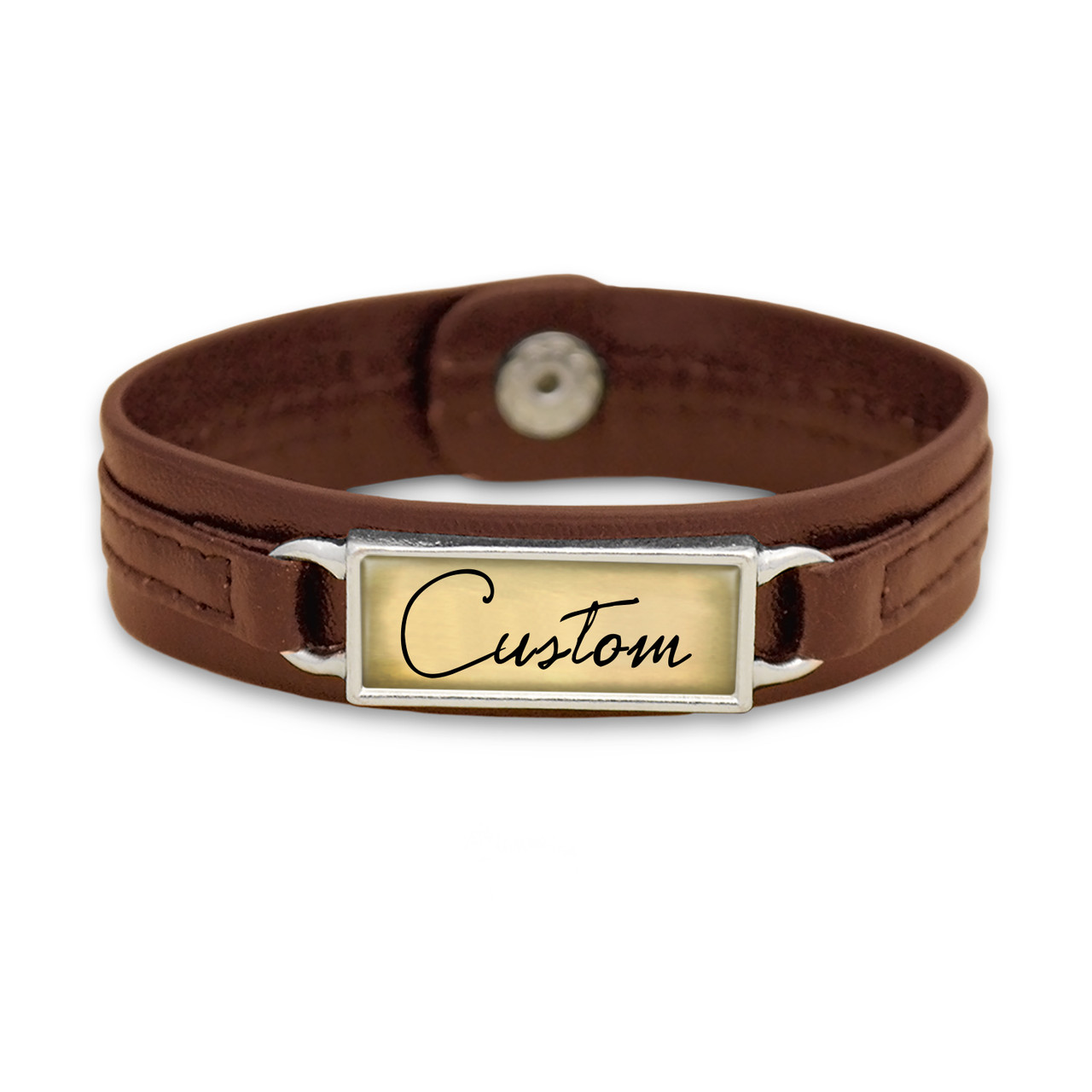 Brown Leather Namplate with Script Background Custom, Souvenir, or Logo Bracelet