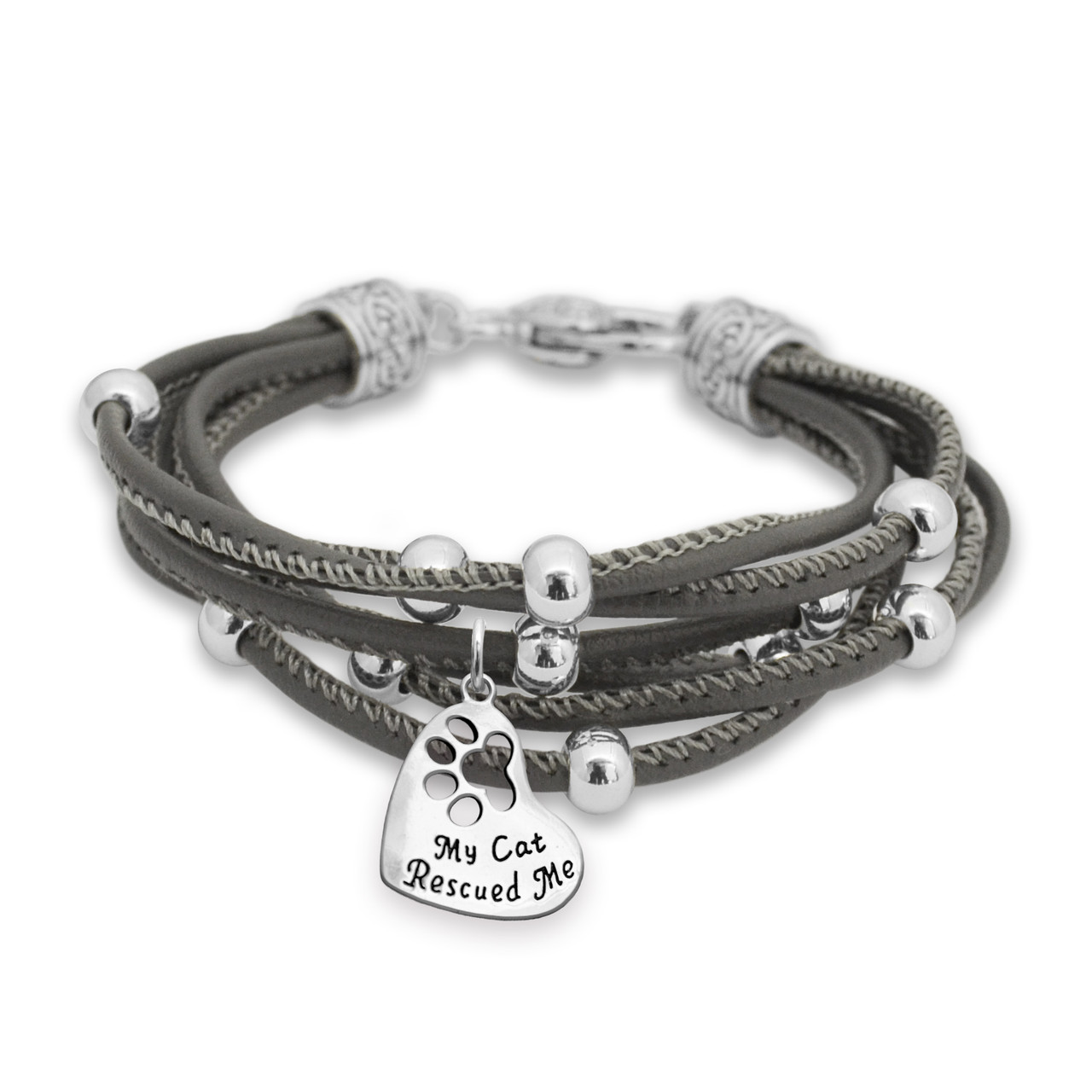 Animal Jewelry- "My Cat Rescued Me" Paw Gray Lindy Bracelet