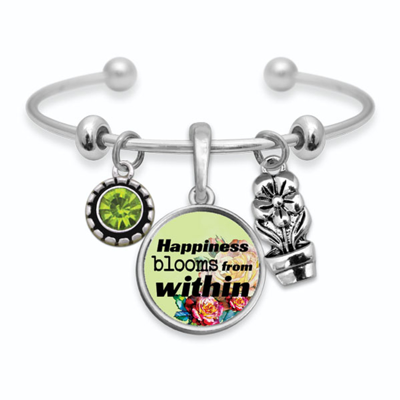 Happiness Blooms From Within 3 Charm Cuff Bracelet