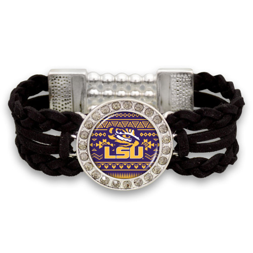 LSU Tigers Black Braided Suede with Script Background College Bracelet