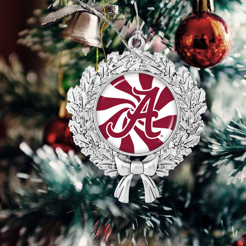 Alabama Crimson Tide Christmas Ornament- Peppermint Wreath with Team Logo