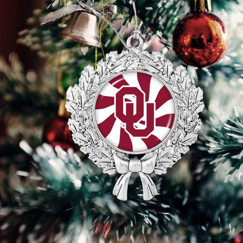 Oklahoma Sooners Christmas Ornament- Peppermint Wreath with Team Logo