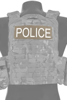 Police Patch in Ranger Green (no longer available) with White Lettering, Placed on Plate Carrier Vest