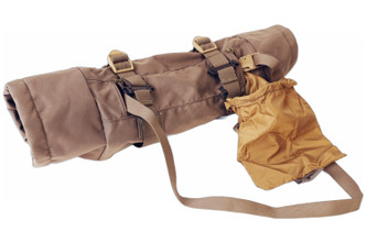 A ranger green hand-warmer with attached coyote brown stow bag and attached waist strap.