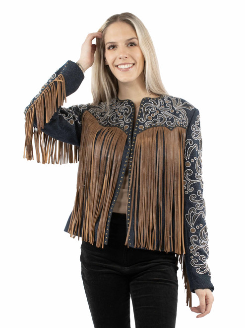Embroidered Beaded Fringe Leather Jacket L1073