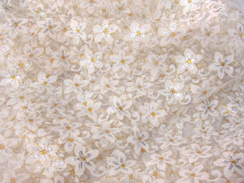 Floral Embroidered Net Mesh Fabric - White Silver Gold 