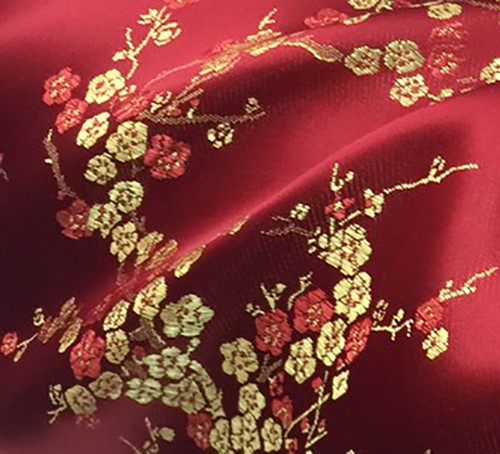 Burgundy & Gold Silk Shantung Cherry Blossom Brocade