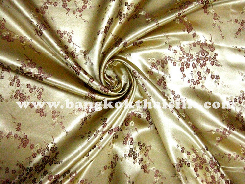 Gold & Plum Silk Shantung Cherry Blossom Brocade