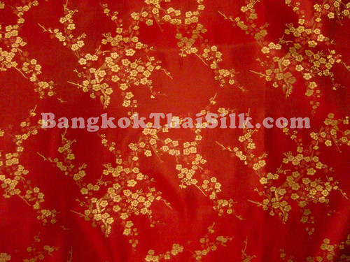 Red & Gold Silk Shantung Cherry Blossom Brocade