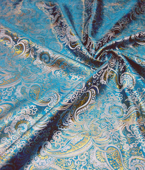 Paisley Metallic Brocade Fabric - Turquoise & Gold