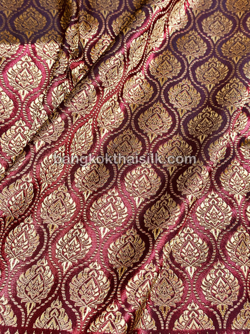 Thai Silk Traditional Damask Fabric BTY - Dark Red Gold