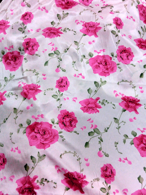 Floral Red Roses Faux Silk White Satin 48"W Fabric