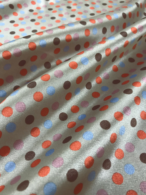 Multi Color Polka Dot Faux Silk Satin 48"W Fabric - Taupe Blue Orange