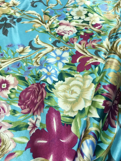 Floral Colorful Roses Faux Silk Satin 48"W Fabric - Turquoise Blue