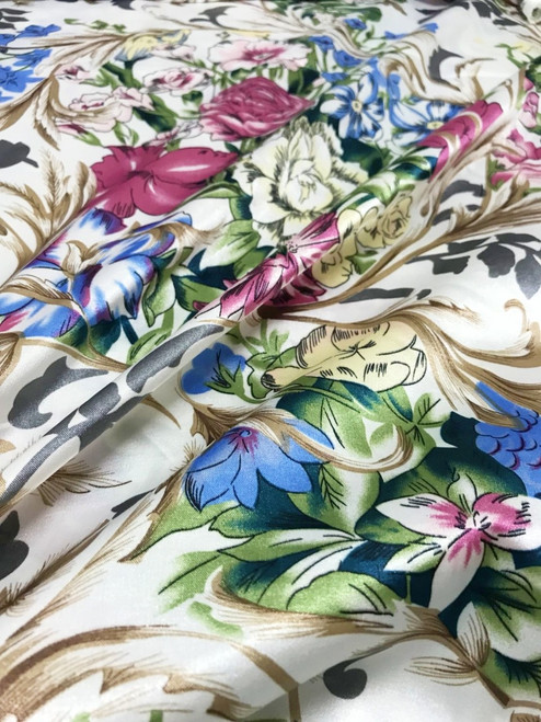 Floral Colorful Roses Faux Silk Satin 48"W Fabric - IVORY