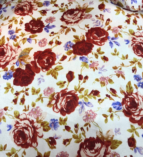 Floral Roses Ivory-Burgundy Faux Silk Satin 48"W Fabric