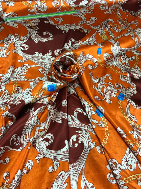 Floral Print Faux Silk Satin 48"W Fabric - Orange Burgundy