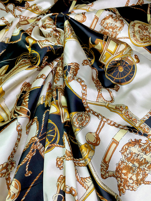 Coach Carriage Tassel Print Faux Silk Satin Material Fabric 48"W - Black & Gold