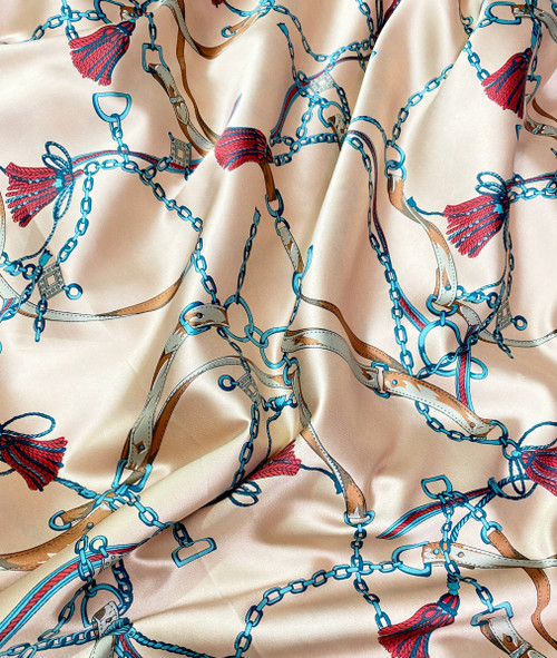 Chains & Tassels Print Faux Silk Satin Material Fabric 48"W - Rose Gold