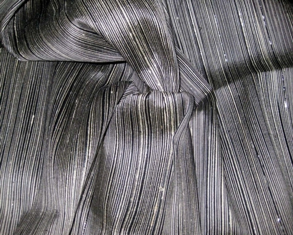 Reeded Stripe Dupioni 100% Auth Silk Fabric - Black & Ivory