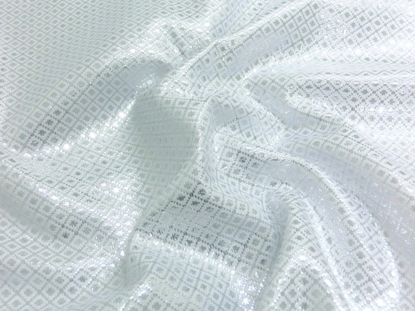 Square Diamond Bling Bling Metallic Brocade Fabric - White & Silver