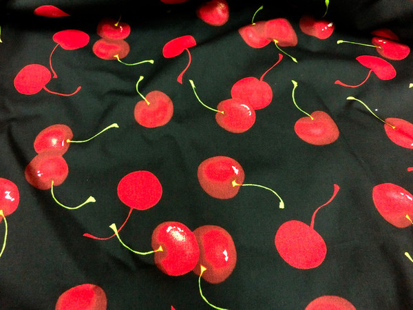 Red Cherry on Black Cotton Fabric