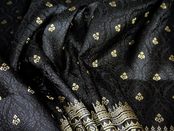 Thai Silk Traditional Damask Fabric BTY - Black & Gold