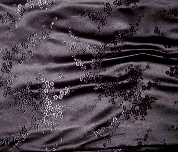 Black Silk Shantung Cherry Blossom Brocade