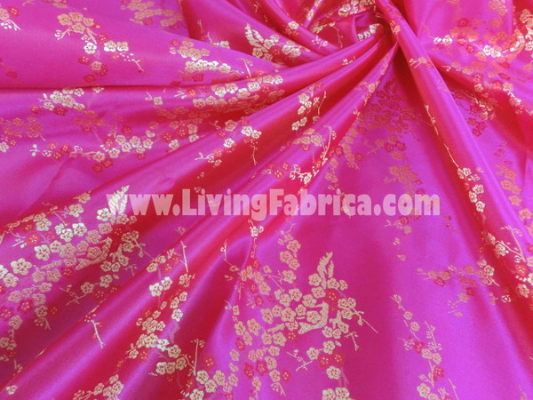 Hot Pink & Gold Silk Shantung Cherry Blossom Brocade Fabric