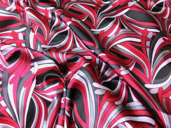 Neo Palm Burgundy-Gray-Black Faux Silk Satin 48"W Fabric