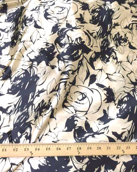 Rose Rosette Floral Faux Silk Satin 48"W Fabric - Black & Gold