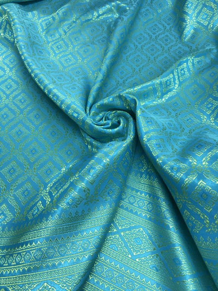 Thai Silk Damask 40"x72" Fabric  - Turquoise Blue & Gold