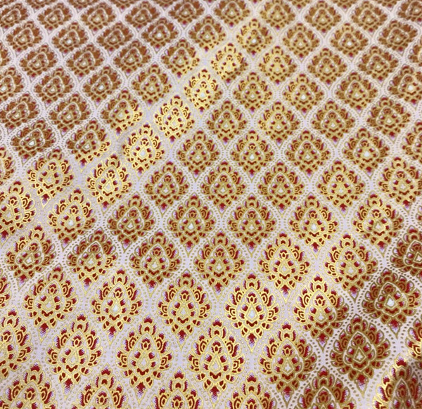 Traditional Damask Metallic Print Thai Silk Fabric 40"x72"- Cream Red Brown 