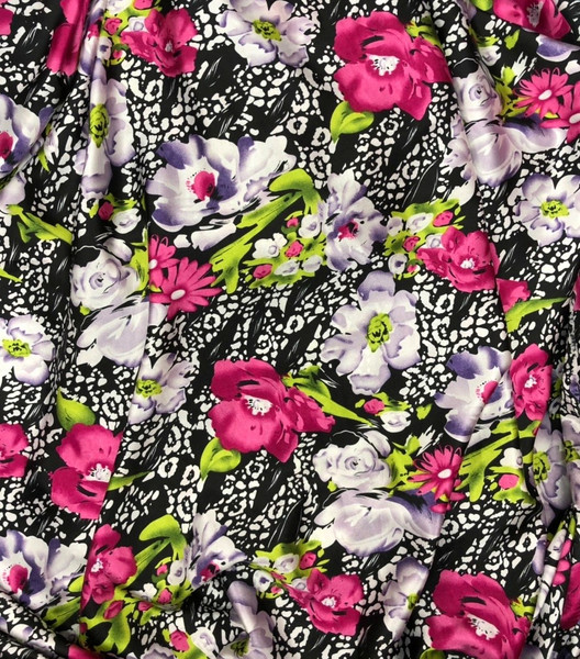 Floral Faux Silk Satin 60"W Fabric - Black-Hot Pink-Green