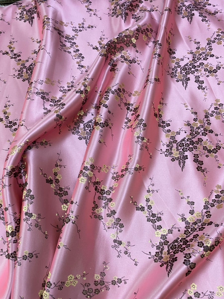 Salmon Pink & Gold Faux Silk Shantung Cherry Blossom Brocade Fabric 