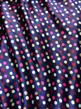 Multi Color Polka Dot Faux Silk Satin 48"W Fabric - Navy Blue & Pinks